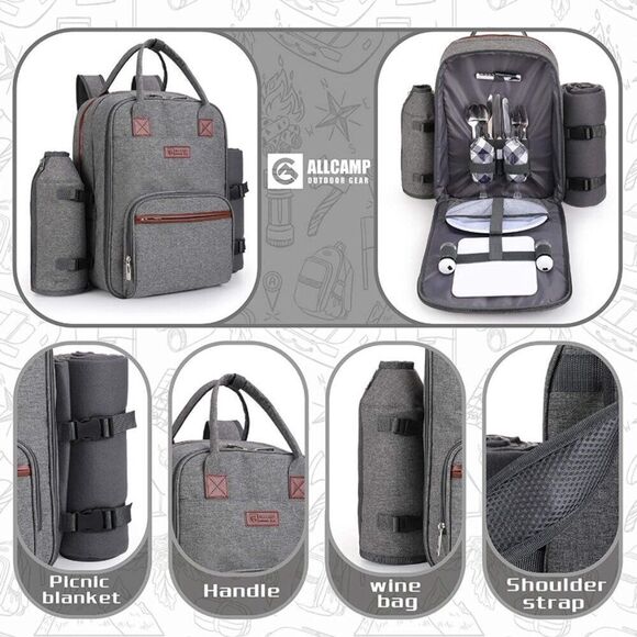 NWT! ALLCAMP Gray Outdoor Picnic Backpack for 2 People - Picture 10 of 10